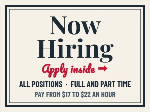 Yard sign template, now hiring, apply inside, serif, reading "Now", "Hiring" and "Apply inside", in cream