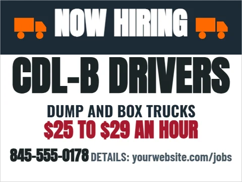 Yard sign template, class B drivers, reading "NOW HIRING", "CDL-B DRIVERS" and "$25 TO $29 AN HOUR", in navy and white