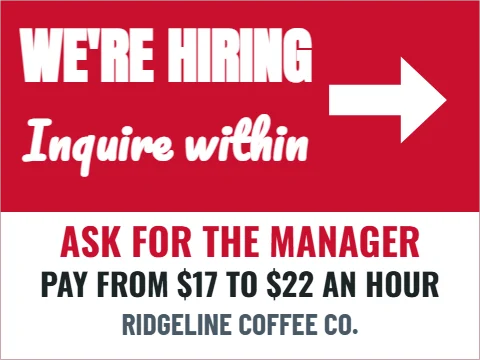 Yard sign template, we're hiring, inquire within, red, reading "WE'RE HIRING", "Inquire within" and "ASK FOR THE MANAGER", in white and red
