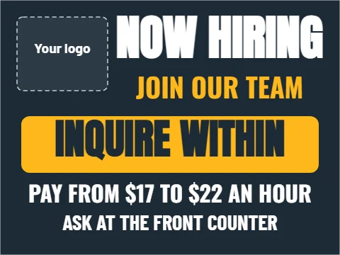 Yard sign template, join our team, inquire within, navy, reading "NOW HIRING", "JOIN OUR TEAM" and "INQUIRE WITHIN", in gold and navy, with a space for your logo