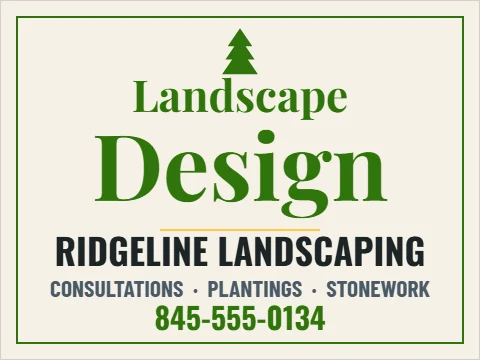 Yard sign template, landscape design, reading "Landscape", "Design" and "RIDGELINE LANDSCAPING", in cream