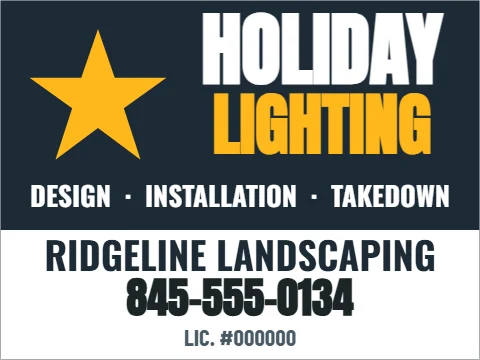 Yard sign template, holiday lighting, reading "HOLIDAY", "LIGHTING" and "845-555-0134", in white and navy