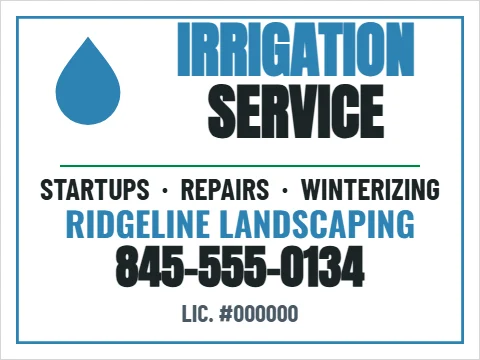 Yard sign template, irrigation, reading "IRRIGATION", "SERVICE" and "845-555-0134", in white