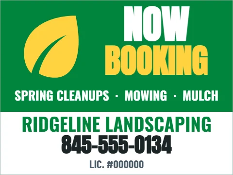 Yard sign template, now booking, spring, reading "NOW", "BOOKING" and "845-555-0134", in white and green