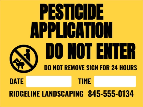 Yard sign template, pesticide application marker, reading "PESTICIDE", "APPLICATION" and "DO NOT ENTER", in yellow