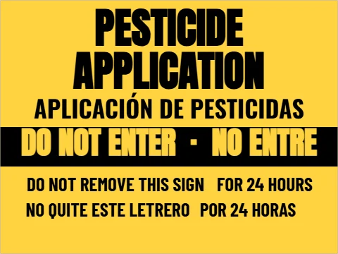 Yard sign template, pesticide marker, English and Spanish, reading "PESTICIDE", "APPLICATION" and "DO NOT ENTER · NO ENTRE", in black and yellow