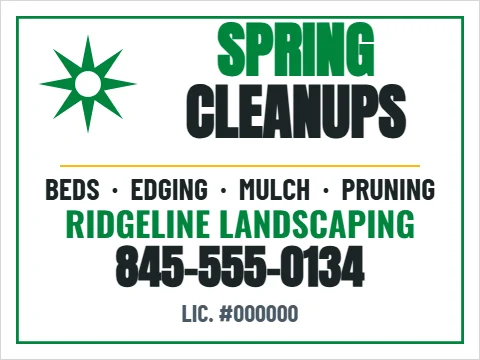 Yard sign template, spring cleanups, reading "SPRING", "CLEANUPS" and "845-555-0134", in white
