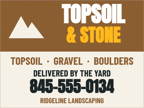 Yard sign template, topsoil and stone, reading "TOPSOIL", "& STONE" and "845-555-0134", in cream and brown