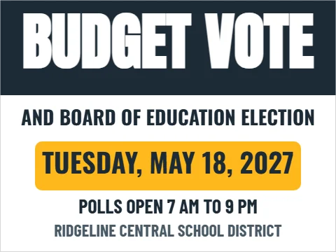 Yard sign template, school budget vote, district notice, reading "BUDGET VOTE", "TUESDAY, MAY 18, 2027" and "POLLS OPEN 7 AM TO 9 PM", in navy and white
