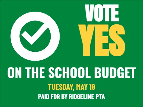 Yard sign template, school budget, vote yes (PTA), reading "VOTE", "YES" and "ON THE SCHOOL BUDGET", in green
