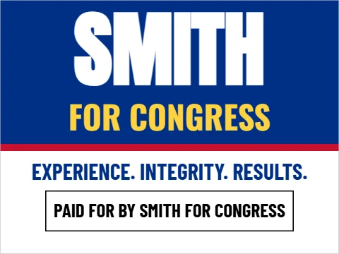 Yard sign template, congress, boxed disclaimer, reading "SMITH", "FOR CONGRESS" and "EXPERIENCE. INTEGRITY. RESULTS.", in blue and white