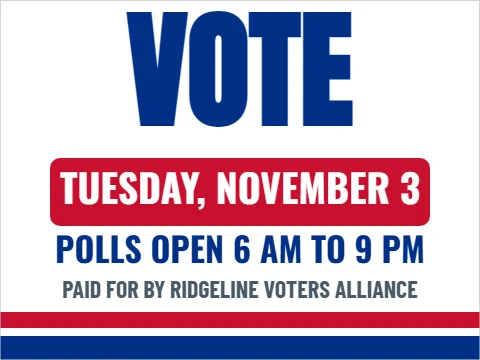 Yard sign template, vote, Election Day, reading "VOTE", "TUESDAY, NOVEMBER 3" and "POLLS OPEN 6 AM TO 9 PM", in red and white