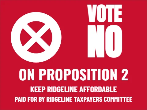Yard sign template, vote no on a proposition, reading "VOTE", "NO" and "ON PROPOSITION 2", in red