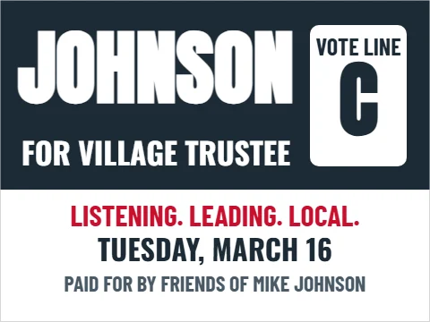 Yard sign template, village trustee, ballot line, reading "JOHNSON", "C" and "TUESDAY, MARCH 16", in navy and white