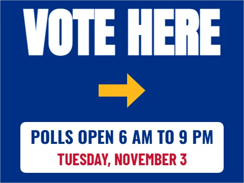 Yard sign template, vote here, reading "VOTE HERE", "POLLS OPEN 6 AM TO 9 PM" and "TUESDAY, NOVEMBER 3", in white and blue