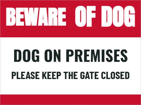 Yard sign template, beware of dog, red bar, reading "BEWARE", "OF DOG" and "DOG ON PREMISES", in red and white