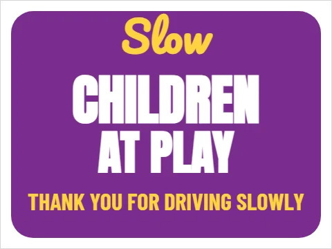 Yard sign template, slow, children at play, reading "Slow", "CHILDREN" and "AT PLAY", in purple and white