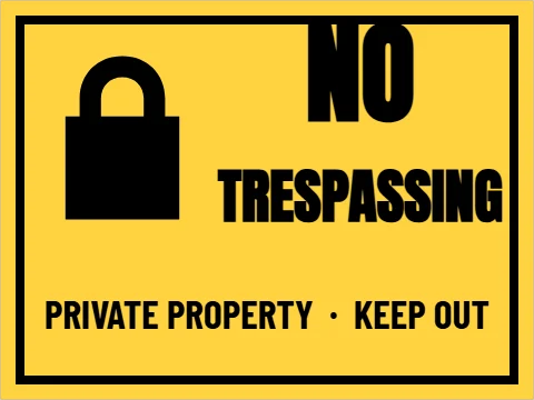 Yard sign template, no trespassing, yellow, reading "NO", "TRESPASSING" and "PRIVATE PROPERTY · KEEP OUT", in yellow