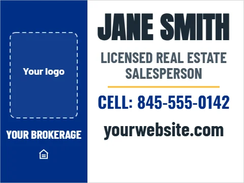Yard sign template, agent sign, reading "JANE SMITH", "SALESPERSON" and "yourwebsite.com", in blue and white, with a space for your logo