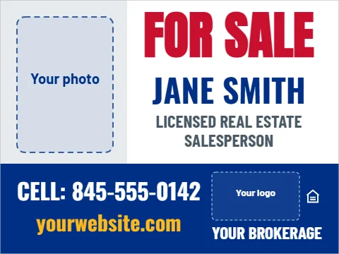 Yard sign template, for sale with agent photo, reading "FOR SALE", "JANE SMITH" and "yourwebsite.com", in blue and white, with a space for your logo