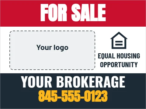 Yard sign template, brokerage panel, reading "FOR SALE", "YOUR BROKERAGE" and "845-555-0123", in navy and white, with a space for your logo