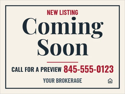 Yard sign template, coming soon, reading "Coming", "Soon" and "845-555-0123", in cream