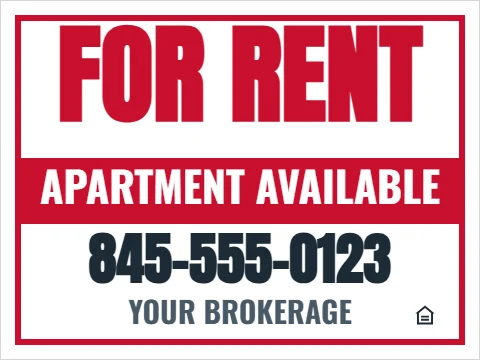 Yard sign template, apartment for rent, bold, reading "FOR RENT", "APARTMENT AVAILABLE" and "845-555-0123", in red and white