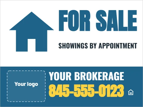 Yard sign template, for sale, house drawing, reading "FOR SALE", "YOUR BROKERAGE" and "845-555-0123", in steel blue and white, with a space for your logo