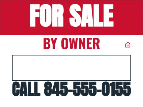 Yard sign template, for sale by owner, write-on, reading "FOR SALE", "BY OWNER" and "CALL 845-555-0155", in red and white