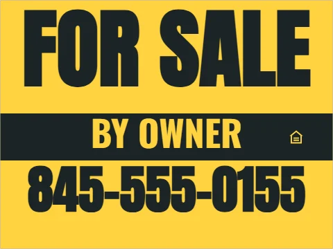 Yard sign template, for sale by owner, yellow, reading "FOR SALE", "BY OWNER" and "845-555-0155", in charcoal and yellow