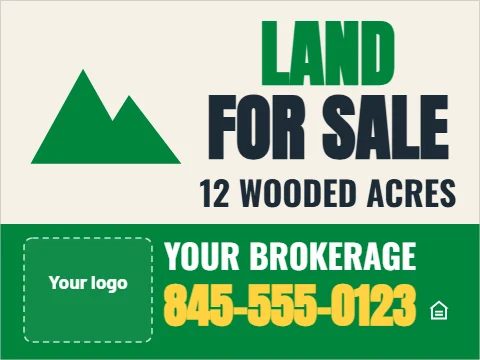 Yard sign template, land for sale, reading "LAND", "FOR SALE" and "845-555-0123", in green and cream, with a space for your logo