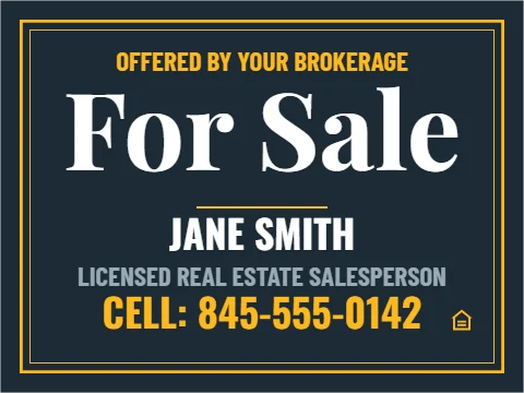 Yard sign template, luxury listing, reading "For Sale", "JANE SMITH" and "CELL: 845-555-0142", in navy