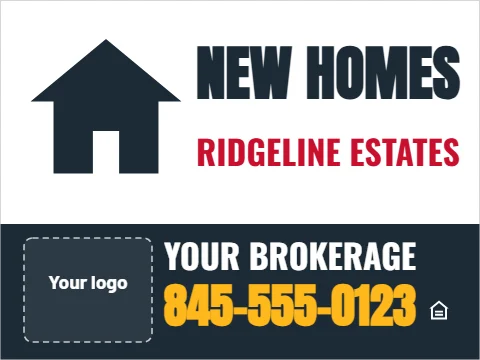 Yard sign template, new construction, reading "NEW HOMES", "YOUR BROKERAGE" and "845-555-0123", in navy and white, with a space for your logo