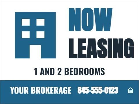 Yard sign template, now leasing, apartments, reading "NOW", "LEASING" and "1 AND 2 BEDROOMS", in steel blue and white