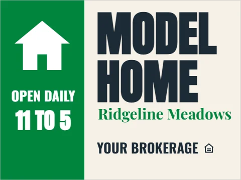 Yard sign template, model home, open daily, reading "MODEL", "HOME" and "11 TO 5", in green and cream