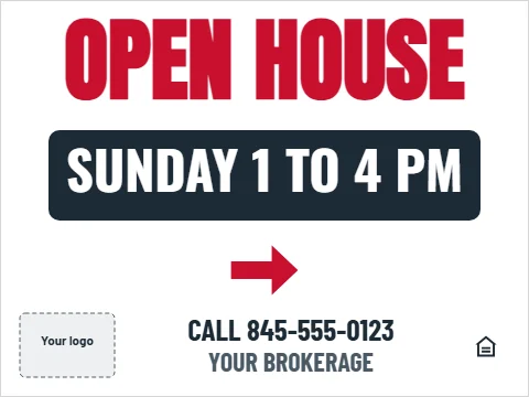 Yard sign template, open house, reading "OPEN HOUSE", "SUNDAY 1 TO 4 PM" and "CALL 845-555-0123", in navy and white, with a space for your logo