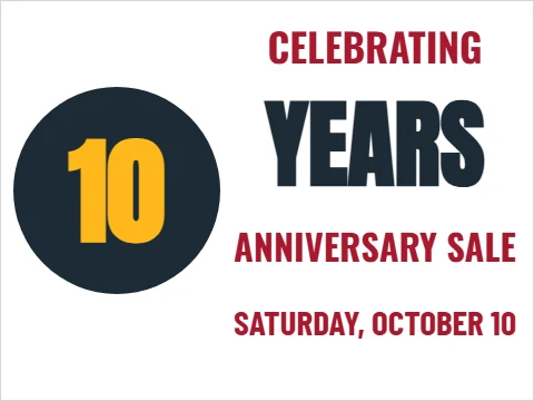 Yard sign template, anniversary sale, reading "CELEBRATING", "YEARS" and "10", in navy and white
