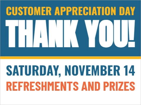 Yard sign template, customer appreciation day, reading "THANK YOU!", "SATURDAY, NOVEMBER 14" and "REFRESHMENTS AND PRIZES", in steel blue and white