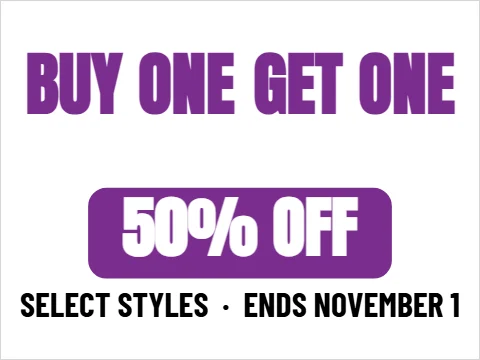 Yard sign template, buy one, get one, reading "BUY ONE", "GET ONE" and "50% OFF", in purple and white