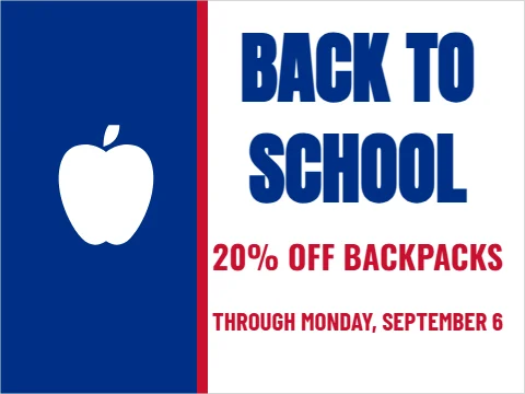 Yard sign template, back to school sale, reading "BACK TO", "SCHOOL" and "20% OFF BACKPACKS", in blue and white