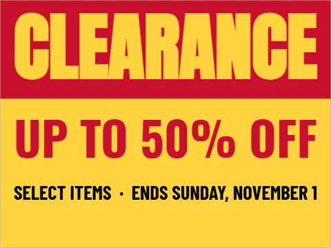 Yard sign template, clearance, reading "CLEARANCE", "UP TO 50% OFF" and "SELECT ITEMS · ENDS SUNDAY,…", in red and yellow