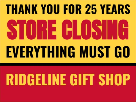 Yard sign template, store closing, reading "STORE", "CLOSING" and "EVERYTHING MUST GO", in red and yellow