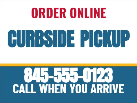 Yard sign template, curbside pickup, order online, reading "CURBSIDE", "PICKUP" and "845-555-0123", in steel blue and white