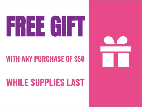 Yard sign template, free gift with purchase, reading "FREE GIFT", "WITH ANY PURCHASE OF $50" and "WHILE SUPPLIES LAST", in pink and white