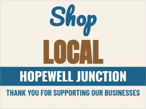 Yard sign template, shop local, reading "Shop", "LOCAL" and "HOPEWELL JUNCTION", in steel blue and cream