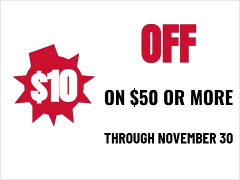 Yard sign template, dollars off, in a burst, reading "OFF", "$10" and "ON $50 OR MORE", in white