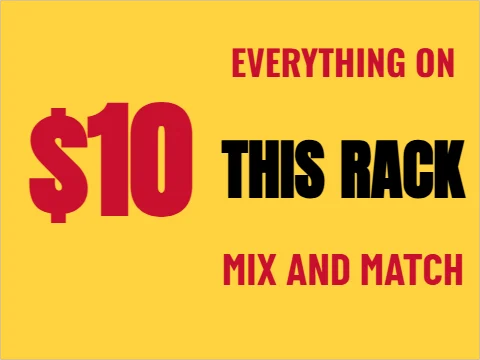 Yard sign template, everything on this rack, reading "EVERYTHING ON", "$10" and "THIS RACK", in yellow