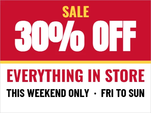 Yard sign template, weekend sale, band, reading "SALE", "30% OFF" and "EVERYTHING IN STORE", in red and white
