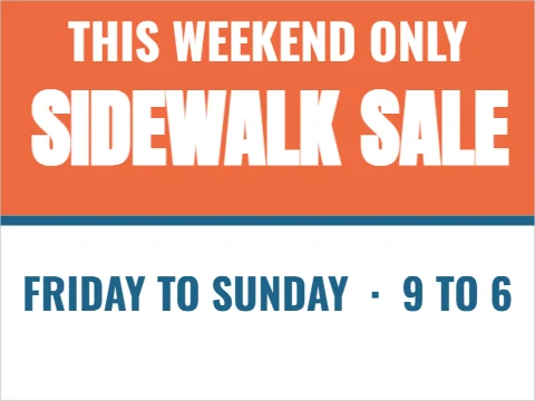 Yard sign template, sidewalk sale, reading "THIS WEEKEND ONLY", "SIDEWALK" and "SALE", in coral and white