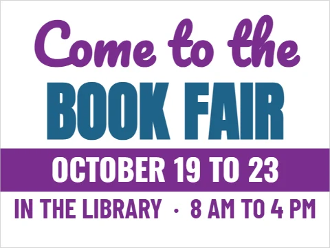Yard sign template, book fair, reading "Come to the", "BOOK FAIR" and "OCTOBER 19 TO 23", in purple and white